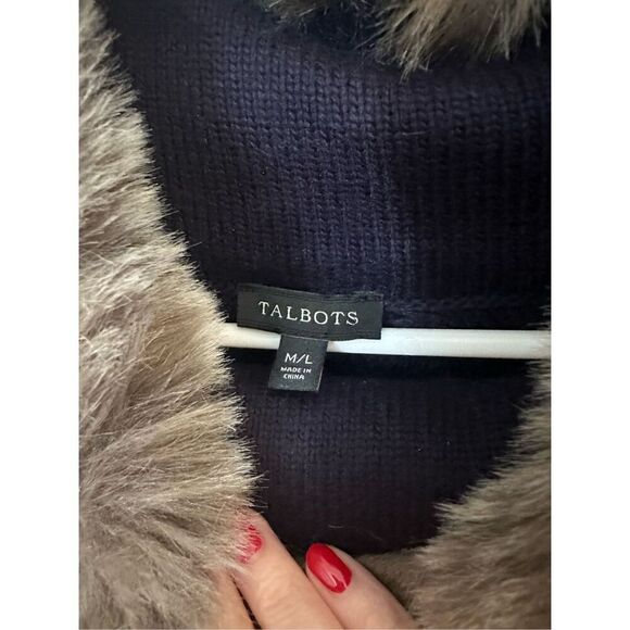 Talbots Women's Knit Faux Fur Collar Poncho Cape Sweater Indigo Blue Size M/L - Picture 3 of 9